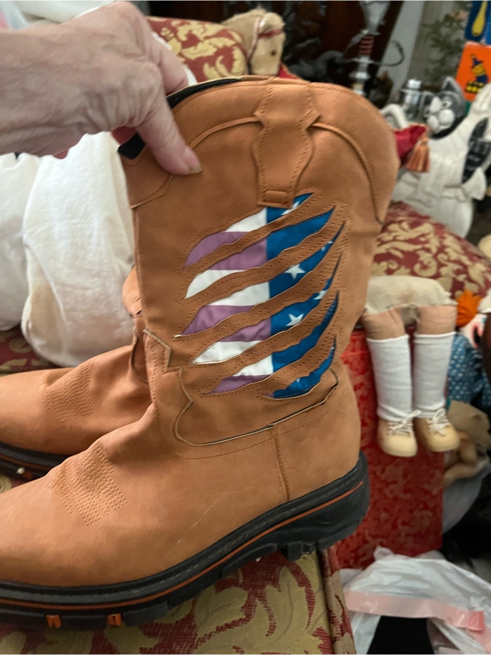 Brown Women's Western Work Boot with American Flag Inlay